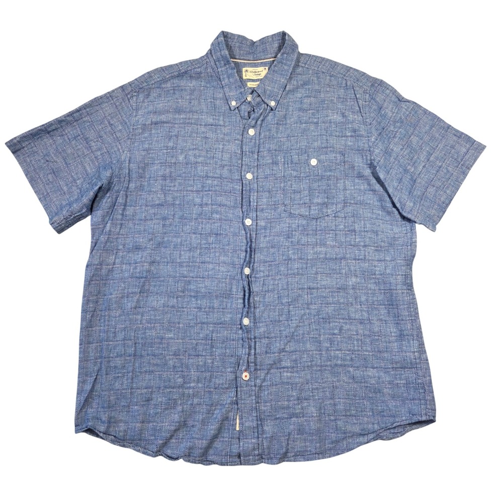 Weatherproof Vintage Mens XL Blue Windowpane Linen Cotton Short Sleeve Shirt
